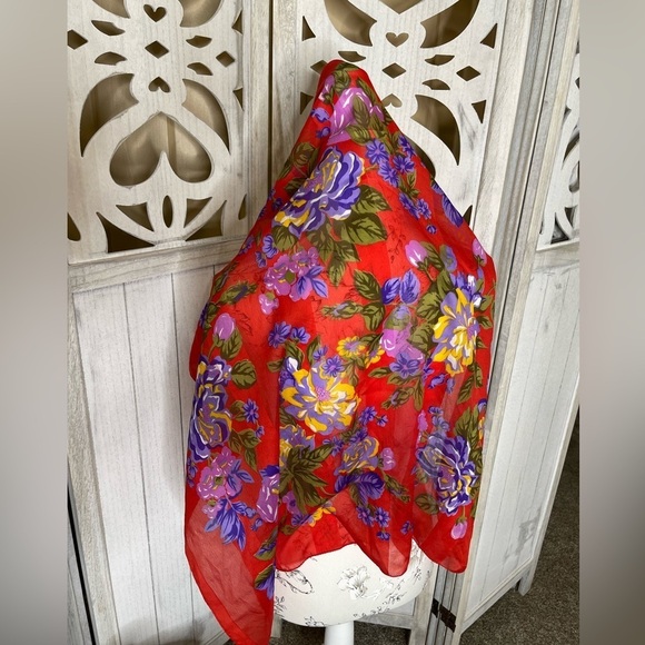 Satin Scarf Red Purple Multicolor Floral Square Medium 30in X 30in - Picture 2 of 3